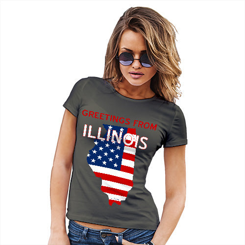 Novelty Tshirts Women Greetings From Illinois USA Flag Women's T-Shirt Medium Khaki