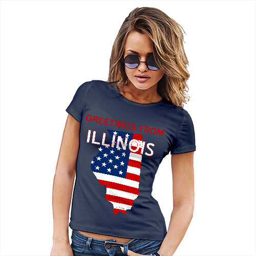 Funny T-Shirts For Women Greetings From Illinois USA Flag Women's T-Shirt X-Large Navy