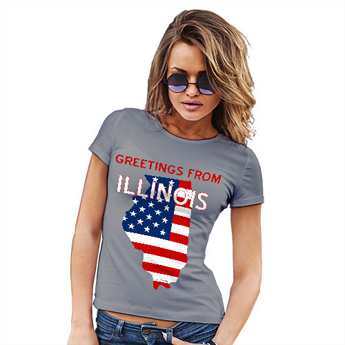 Womens Funny Tshirts Greetings From Illinois USA Flag Women's T-Shirt X-Large Light Grey