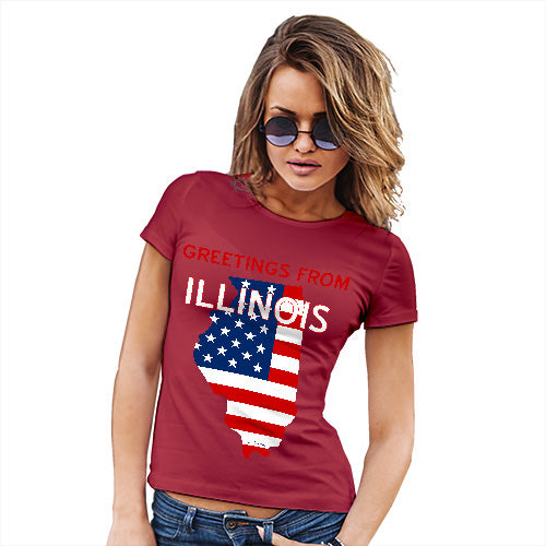 Funny T-Shirts For Women Sarcasm Greetings From Illinois USA Flag Women's T-Shirt X-Large Red