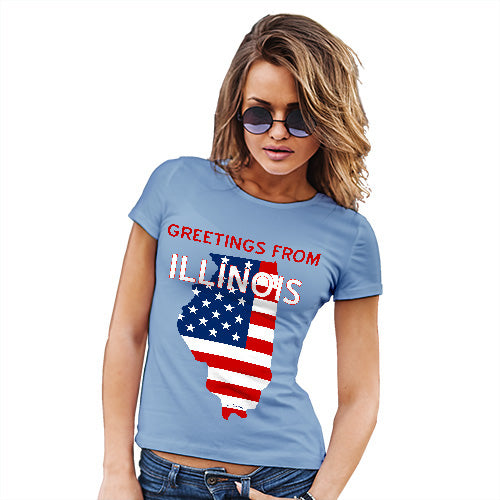 Womens Novelty T Shirt Greetings From Illinois USA Flag Women's T-Shirt Small Sky Blue