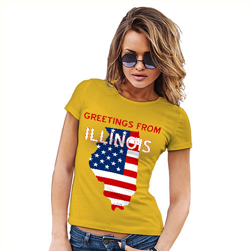 Novelty Gifts For Women Greetings From Illinois USA Flag Women's T-Shirt Large Yellow