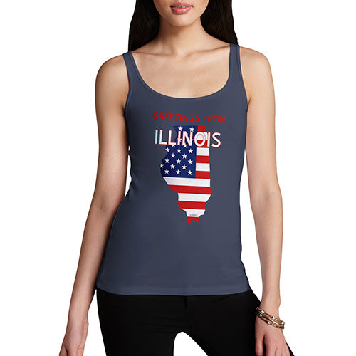 Funny Tank Top For Women Sarcasm Greetings From Illinois USA Flag Women's Tank Top Medium Navy