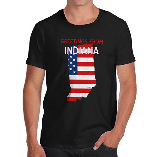Funny Tee For Men Greetings From Indiana USA Flag Men's T-Shirt Medium Black