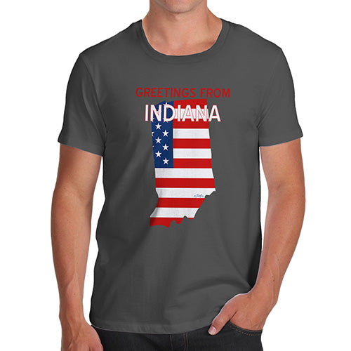 Novelty Tshirts Men Greetings From Indiana USA Flag Men's T-Shirt X-Large Dark Grey