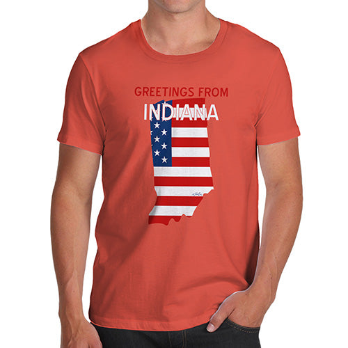 Mens Novelty T Shirt Christmas Greetings From Indiana USA Flag Men's T-Shirt Large Orange