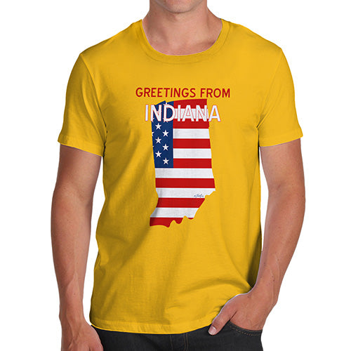 Mens Novelty T Shirt Christmas Greetings From Indiana USA Flag Men's T-Shirt Small Yellow