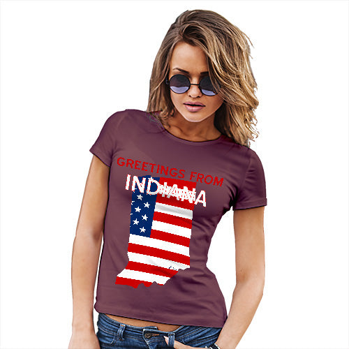 Funny T Shirts For Women Greetings From Indiana USA Flag Women's T-Shirt X-Large Burgundy