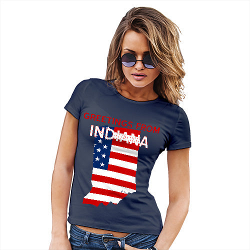 Funny T-Shirts For Women Greetings From Indiana USA Flag Women's T-Shirt X-Large Navy