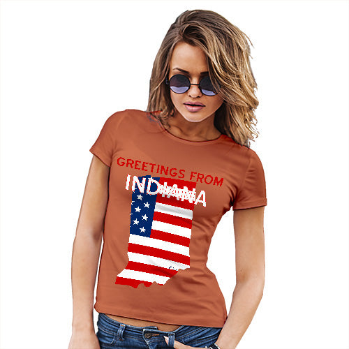 Womens Novelty T Shirt Greetings From Indiana USA Flag Women's T-Shirt Large Orange