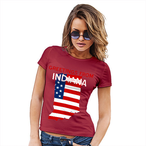 Womens Humor Novelty Graphic Funny T Shirt Greetings From Indiana USA Flag Women's T-Shirt Medium Red