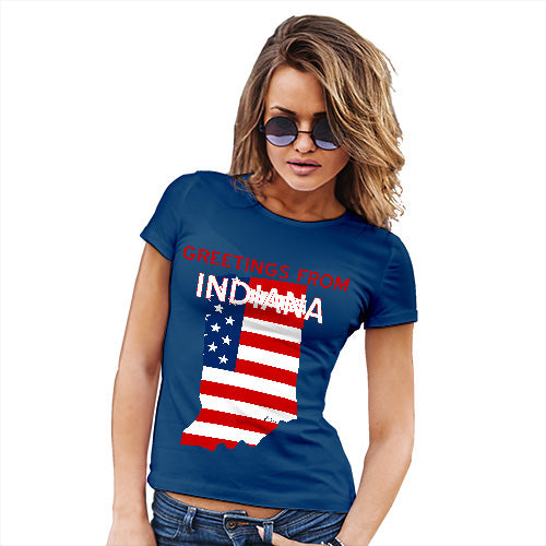 Funny Tee Shirts For Women Greetings From Indiana USA Flag Women's T-Shirt Large Royal Blue