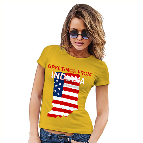 Womens Funny Tshirts Greetings From Indiana USA Flag Women's T-Shirt X-Large Yellow