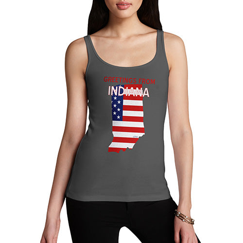 Womens Novelty Tank Top Christmas Greetings From Indiana USA Flag Women's Tank Top X-Large Dark Grey