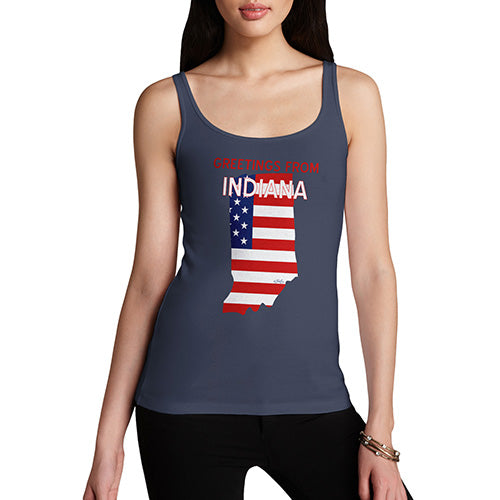 Womens Humor Novelty Graphic Funny Tank Top Greetings From Indiana USA Flag Women's Tank Top Large Navy