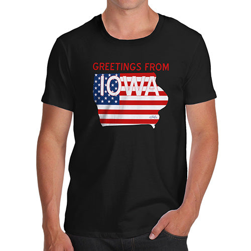 Novelty T Shirts For Dad Greetings From Iowa USA Flag Men's T-Shirt Medium Black