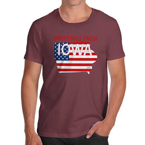 Funny Mens T Shirts Greetings From Iowa USA Flag Men's T-Shirt Large Burgundy