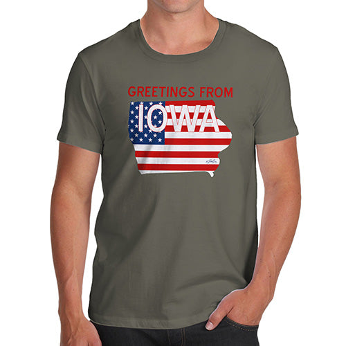 Funny T-Shirts For Guys Greetings From Iowa USA Flag Men's T-Shirt Medium Khaki