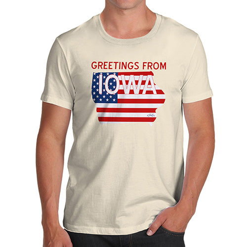 Funny Tee For Men Greetings From Iowa USA Flag Men's T-Shirt X-Large Natural