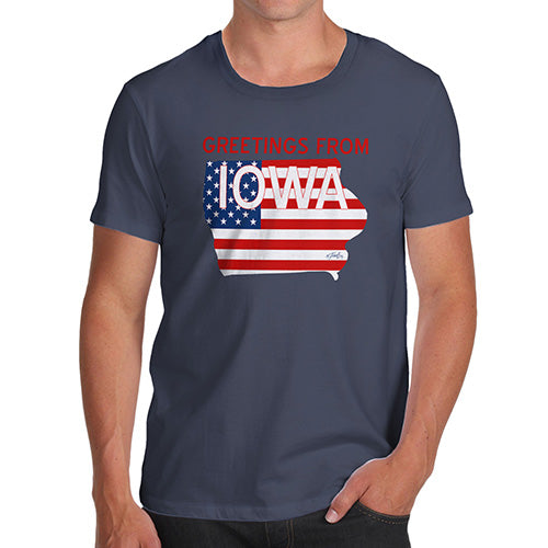 Funny T-Shirts For Guys Greetings From Iowa USA Flag Men's T-Shirt Small Navy