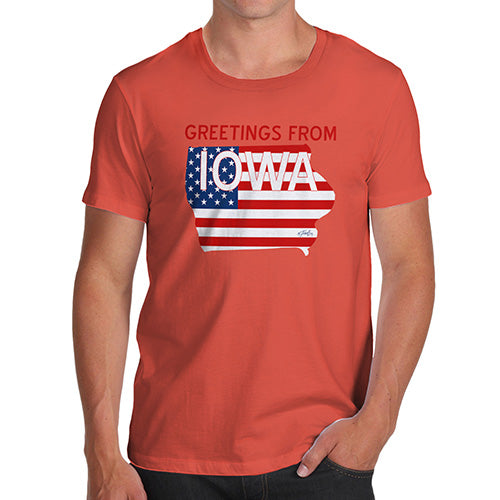 Mens Novelty T Shirt Christmas Greetings From Iowa USA Flag Men's T-Shirt Small Orange