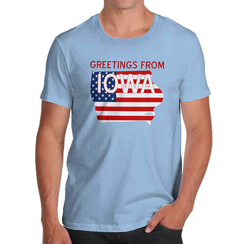 Funny T Shirts For Men Greetings From Iowa USA Flag Men's T-Shirt Medium Sky Blue