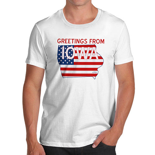 Funny T Shirts For Dad Greetings From Iowa USA Flag Men's T-Shirt Large White