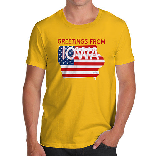 Funny Mens Tshirts Greetings From Iowa USA Flag Men's T-Shirt X-Large Yellow