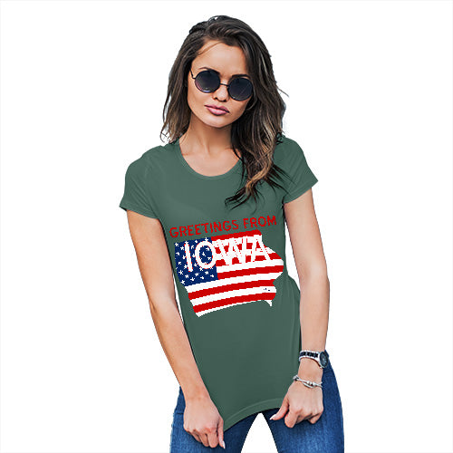 Funny T Shirts For Mum Greetings From Iowa USA Flag Women's T-Shirt Small Bottle Green