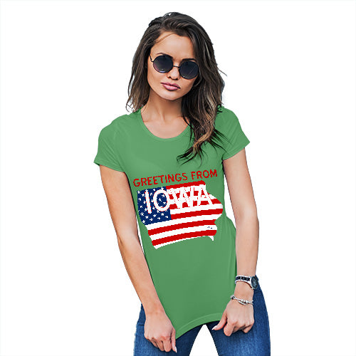 Womens Humor Novelty Graphic Funny T Shirt Greetings From Iowa USA Flag Women's T-Shirt Large Green