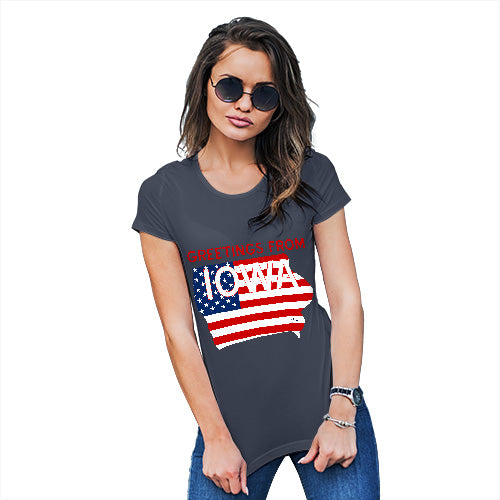 Funny T Shirts For Women Greetings From Iowa USA Flag Women's T-Shirt X-Large Navy