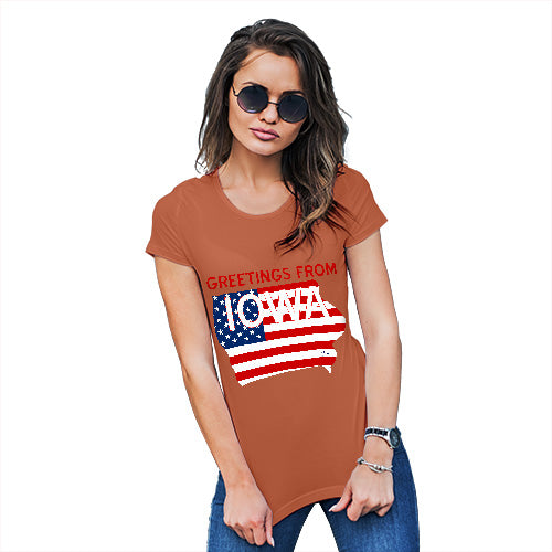 Womens Funny Tshirts Greetings From Iowa USA Flag Women's T-Shirt Small Orange