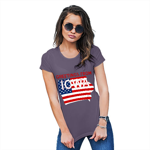 Womens Funny Sarcasm T Shirt Greetings From Iowa USA Flag Women's T-Shirt Large Plum