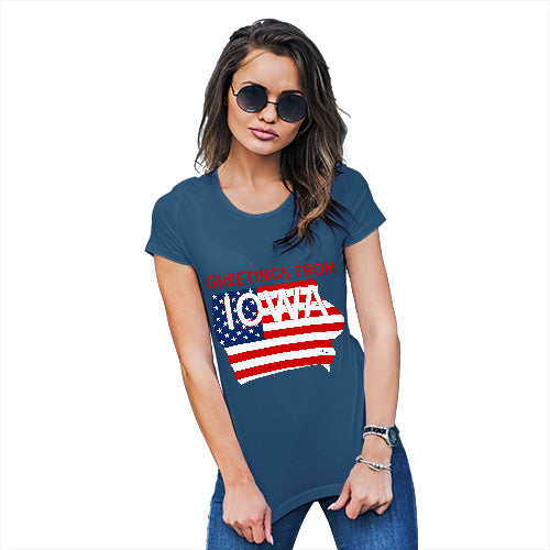 Womens Funny Tshirts Greetings From Iowa USA Flag Women's T-Shirt Large Royal Blue