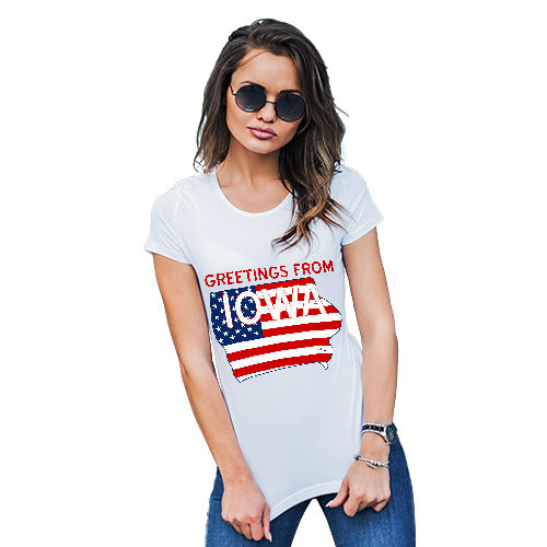 Womens Humor Novelty Graphic Funny T Shirt Greetings From Iowa USA Flag Women's T-Shirt Large White