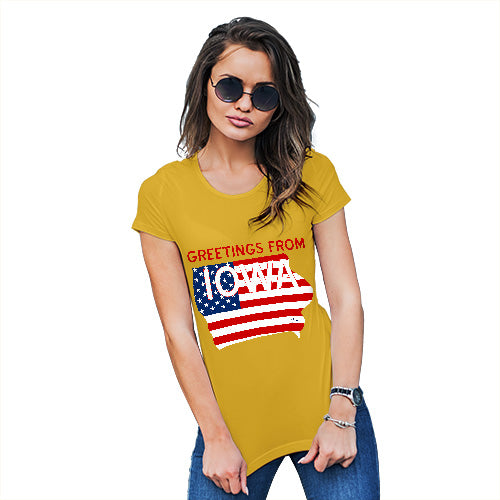 Funny Gifts For Women Greetings From Iowa USA Flag Women's T-Shirt X-Large Yellow