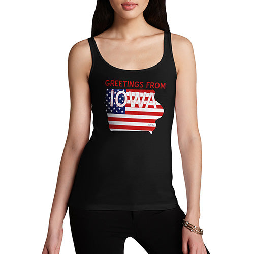 Novelty Tank Top Women Greetings From Iowa USA Flag Women's Tank Top X-Large Black