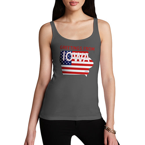 Womens Humor Novelty Graphic Funny Tank Top Greetings From Iowa USA Flag Women's Tank Top Medium Dark Grey