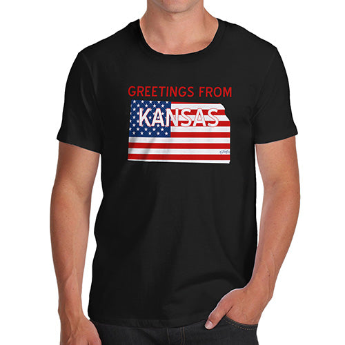 Funny T Shirts For Dad Greetings From Kansas USA Flag Men's T-Shirt Medium Black