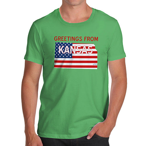 Funny T Shirts For Men Greetings From Kansas USA Flag Men's T-Shirt X-Large Green