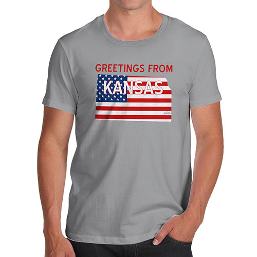 Funny T Shirts For Men Greetings From Kansas USA Flag Men's T-Shirt Small Light Grey