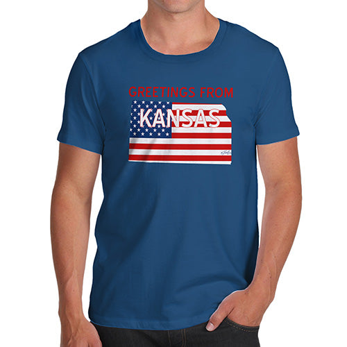 Funny T-Shirts For Men Sarcasm Greetings From Kansas USA Flag Men's T-Shirt Large Royal Blue