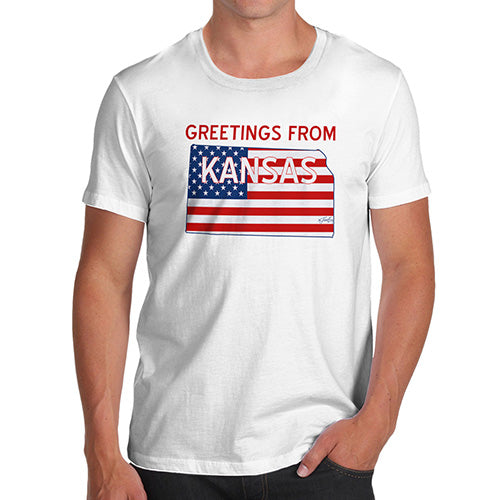 Novelty Tshirts Men Funny Greetings From Kansas USA Flag Men's T-Shirt Small White