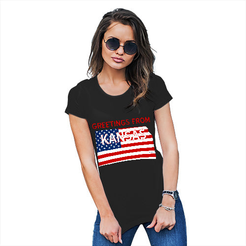 Womens Novelty T Shirt Greetings From Kansas USA Flag Women's T-Shirt Large Black