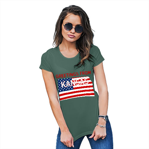 Funny T Shirts For Mom Greetings From Kansas USA Flag Women's T-Shirt Medium Bottle Green