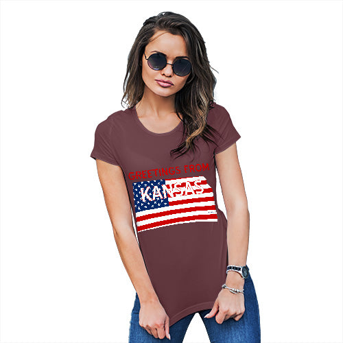 Funny Gifts For Women Greetings From Kansas USA Flag Women's T-Shirt Medium Burgundy