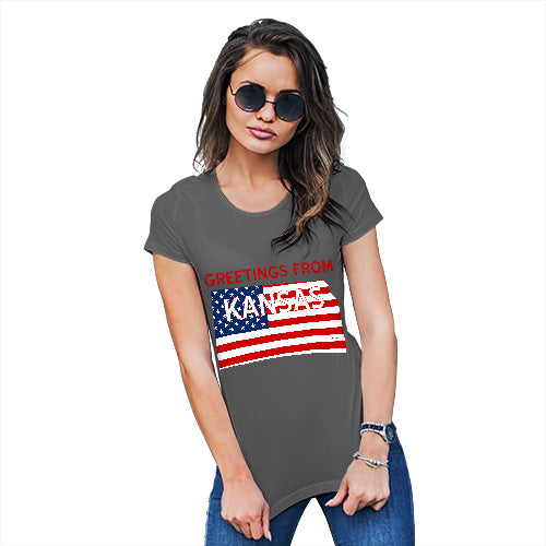 Womens Novelty T Shirt Christmas Greetings From Kansas USA Flag Women's T-Shirt Large Dark Grey