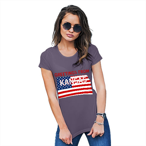 Womens Funny Sarcasm T Shirt Greetings From Kansas USA Flag Women's T-Shirt Large Plum