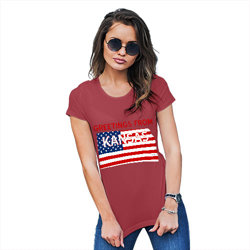 Womens Humor Novelty Graphic Funny T Shirt Greetings From Kansas USA Flag Women's T-Shirt Small Red