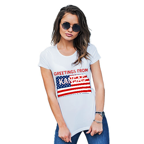 Funny T Shirts For Women Greetings From Kansas USA Flag Women's T-Shirt Medium White